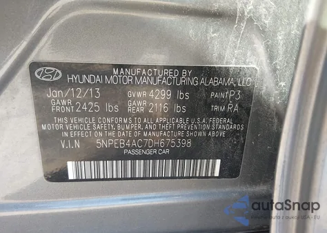 2013 Hyundai Sonata Gls z USA, uszkodzony, nr VIN 5NPEB4AC7DH675398